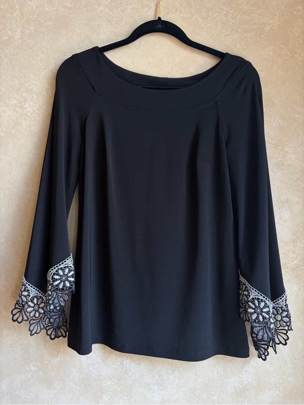 Joseph Ribkoff Black Long-Sleeve Top with Floral Lace Cuffs